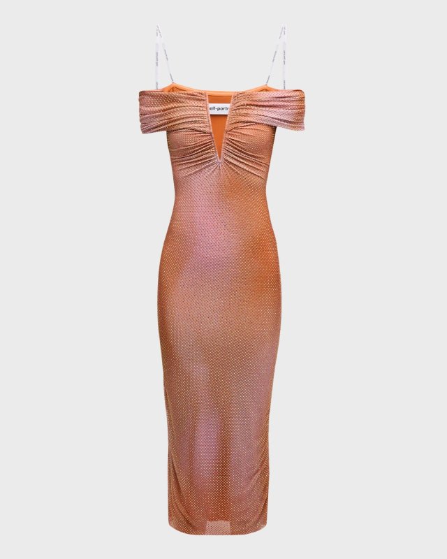 Rhinestone-Embellished Off-Shoulder Midi Dress